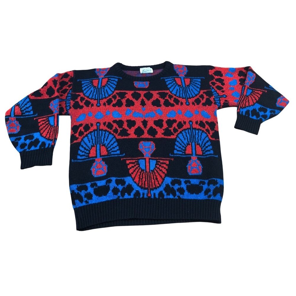 Vintage Lauren Knitwear Sweater Womens M 80s Red Blue Geometric Egyptian USA Shi - Picture 10 of 10